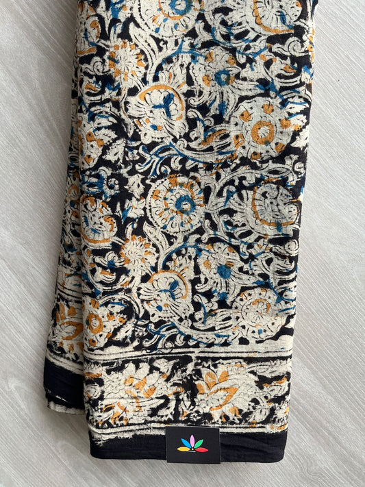 Floral Handblock Printed Kalamkari Mul Cotton Saree - 31880_31881