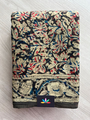 Floral Handblock Printed Kalamkari Mul Cotton Saree - 31882_31883_31884