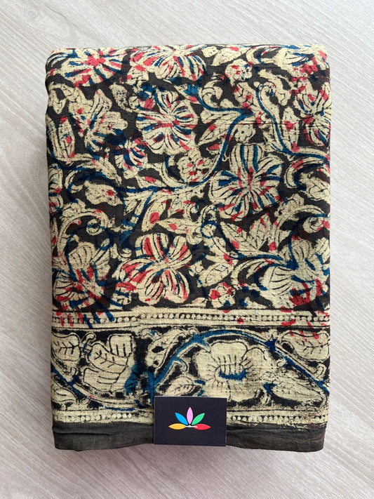 Floral Handblock Printed Kalamkari Mul Cotton Saree - 31882_31883_31884