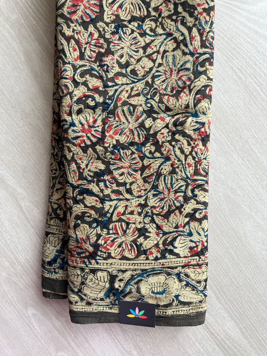 Floral Handblock Printed Kalamkari Mul Cotton Saree - 31882_31883_31884