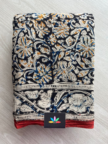 Floral Handblock Printed Kalamkari Mul Cotton Saree - 31887_31888