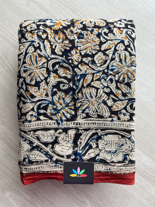 Floral Handblock Printed Kalamkari Mul Cotton Saree - 31887_31888