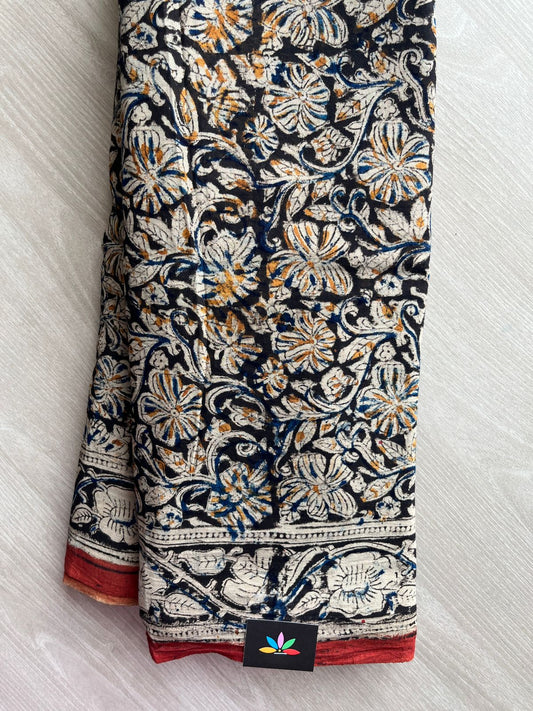 Floral Handblock Printed Kalamkari Mul Cotton Saree - 31887_31888