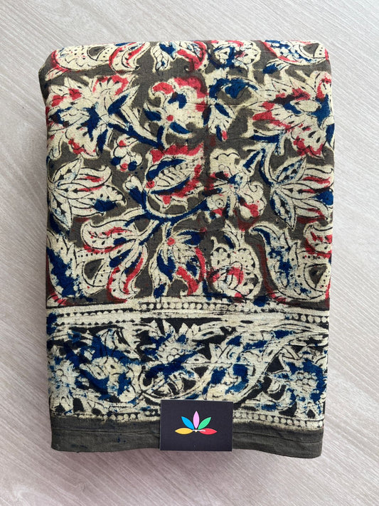 Floral Handblock Printed Kalamkari Mul Cotton Saree - 31889_31890