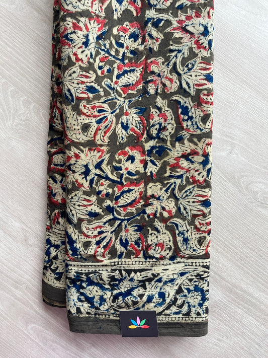 Floral Handblock Printed Kalamkari Mul Cotton Saree - 31889_31890