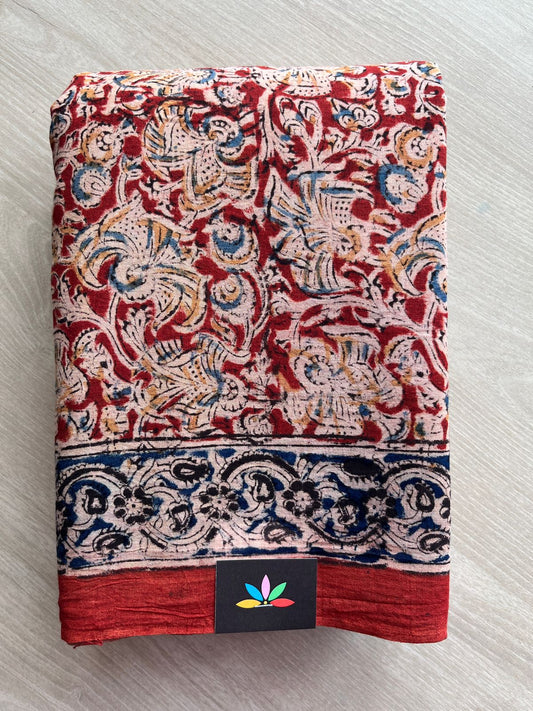 Floral Handblock Printed Kalamkari Mul Cotton Saree - 31891_31892