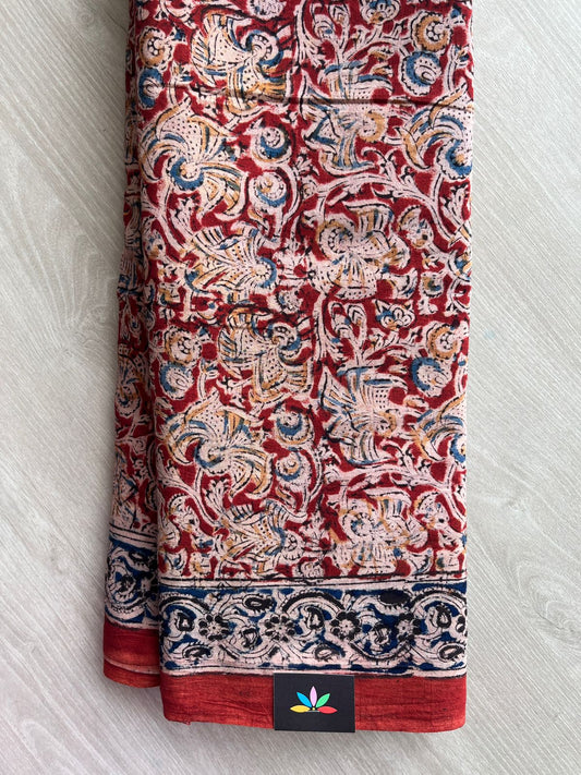 Floral Handblock Printed Kalamkari Mul Cotton Saree - 31891_31892