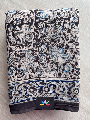 Floral Handblock Printed Kalamkari Mul Cotton Saree - 31893_31894