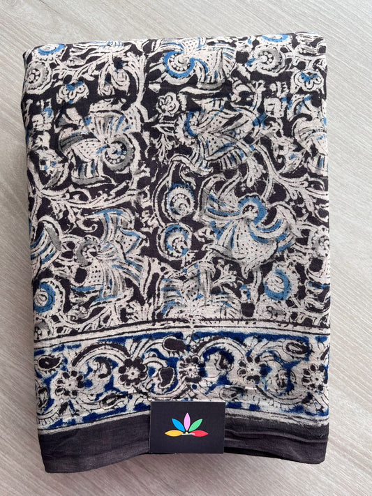 Floral Handblock Printed Kalamkari Mul Cotton Saree - 31893_31894
