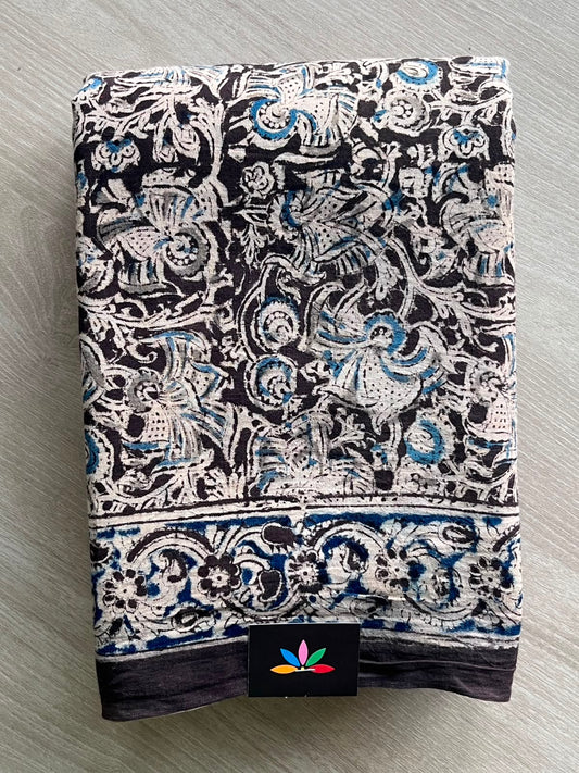 Floral Handblock Printed Kalamkari Mul Cotton Saree - 31893_31894