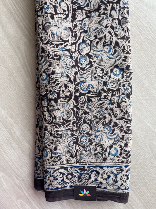 Floral Handblock Printed Kalamkari Mul Cotton Saree - 31893_31894