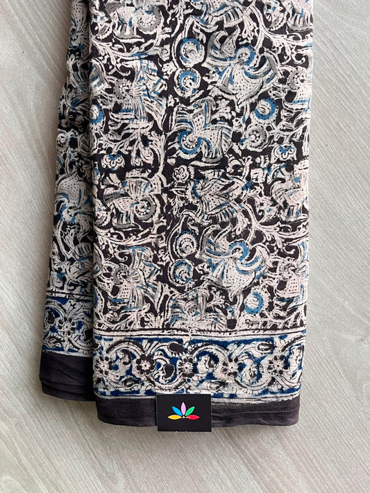 Floral Handblock Printed Kalamkari Mul Cotton Saree - 31893_31894