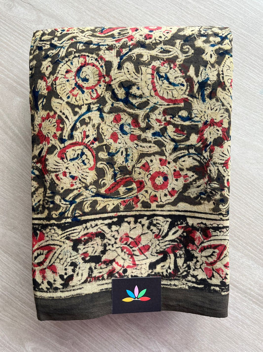 Floral Handblock Printed Kalamkari Mul Cotton Saree - 31895_31896