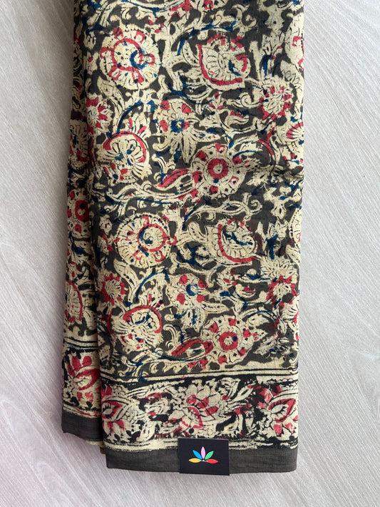 Floral Handblock Printed Kalamkari Mul Cotton Saree - 31895_31896