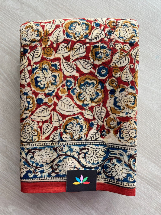 Floral Handblock Printed Kalamkari Mul Cotton Saree - 31897_31898