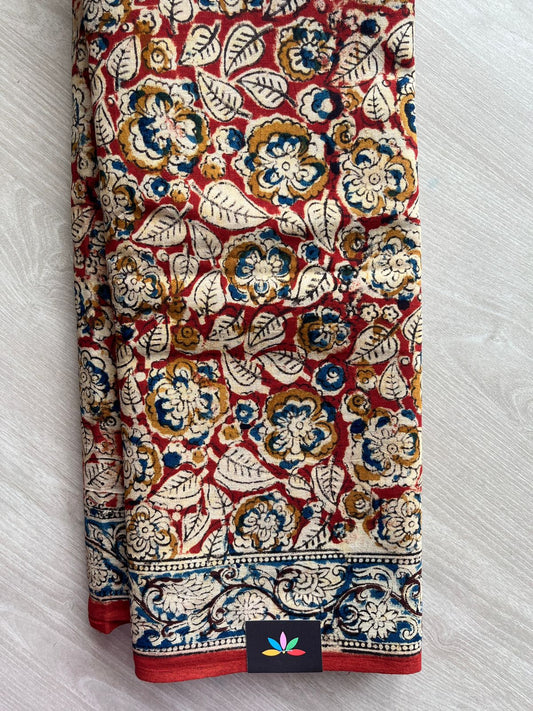 Floral Handblock Printed Kalamkari Mul Cotton Saree - 31897_31898
