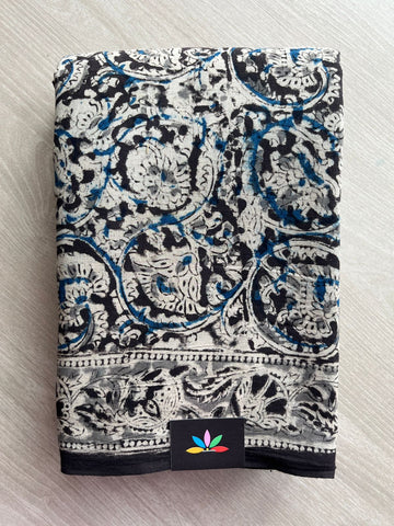 Floral Handblock Printed Kalamkari Mul Cotton Saree - 31899_31900
