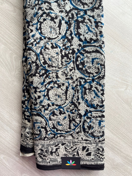 Floral Handblock Printed Kalamkari Mul Cotton Saree - 31899_31900