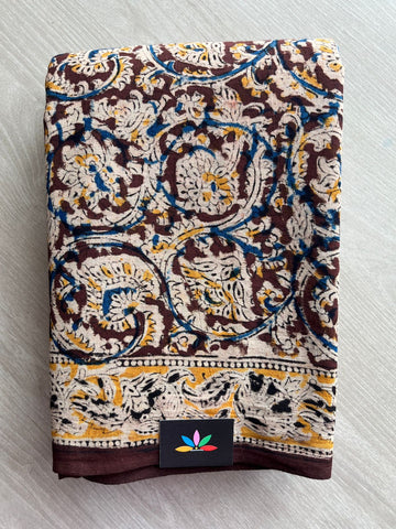 Floral Handblock Printed Kalamkari Mul Cotton Saree - 31901_31902