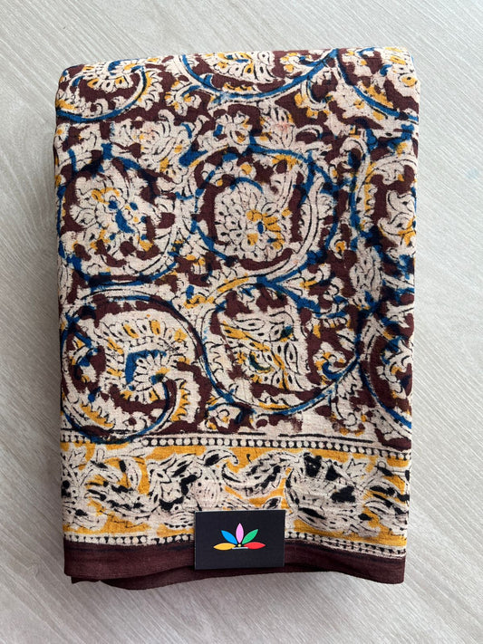 Floral Handblock Printed Kalamkari Mul Cotton Saree - 31901_31902