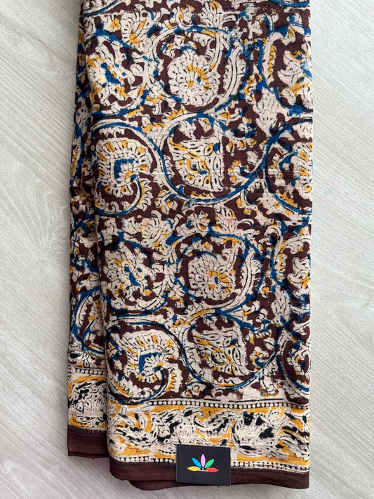 Floral Handblock Printed Kalamkari Mul Cotton Saree - 31901_31902