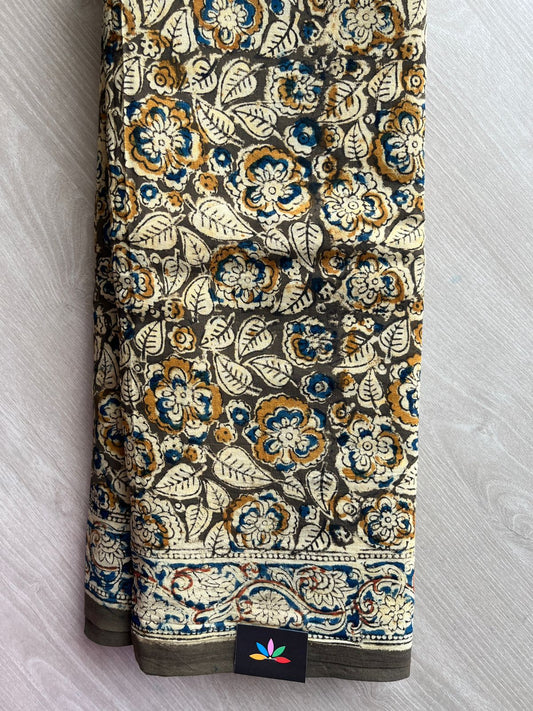 Floral Handblock Printed Kalamkari Mul Cotton Saree - 31903_31904