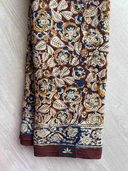 Floral Handblock Printed Kalamkari Mul Cotton Saree - 31905_31906