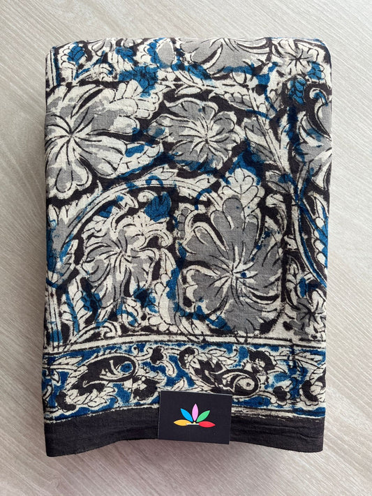 Floral Handblock Printed Kalamkari Mul Cotton Saree - 31907_31908