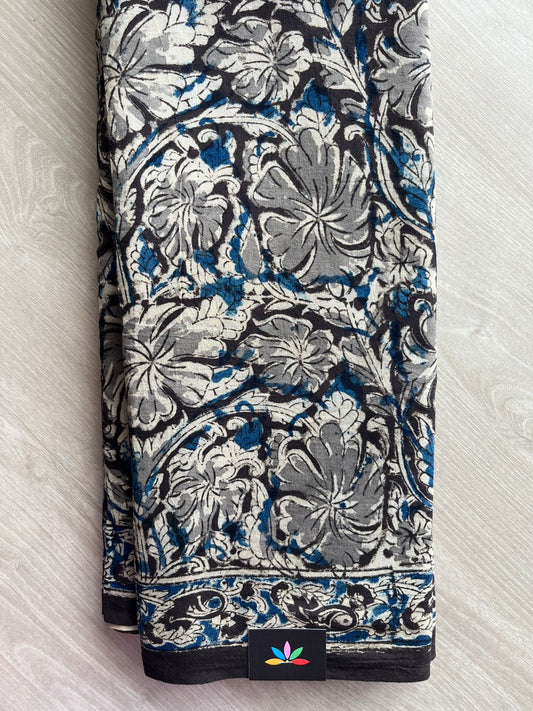 Floral Handblock Printed Kalamkari Mul Cotton Saree - 31907_31908
