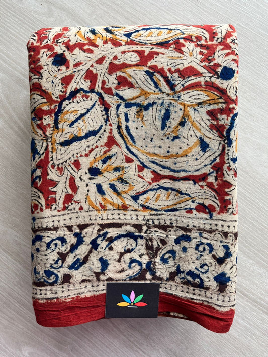 Floral Handblock Printed Kalamkari Mul Cotton Saree - 31909_31910