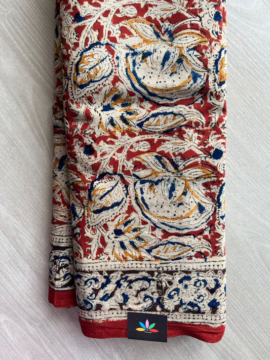 Floral Handblock Printed Kalamkari Mul Cotton Saree - 31909_31910