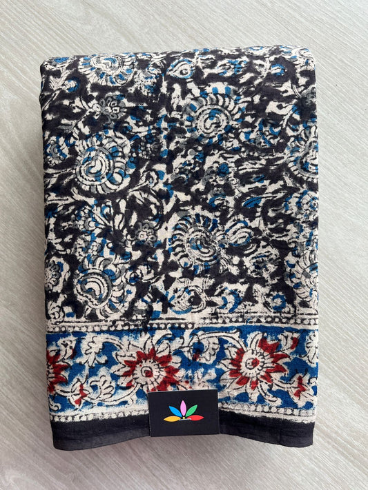 Floral Handblock Printed Kalamkari Mul Cotton Saree - 31913_31914