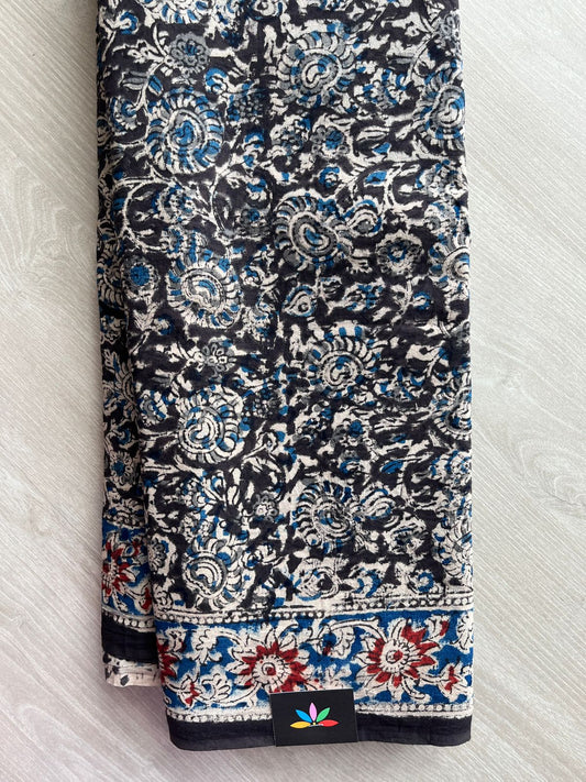 Floral Handblock Printed Kalamkari Mul Cotton Saree - 31913_31914