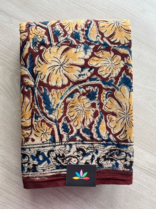 Floral Handblock Printed Kalamkari Mul Cotton Saree - 31915_31916