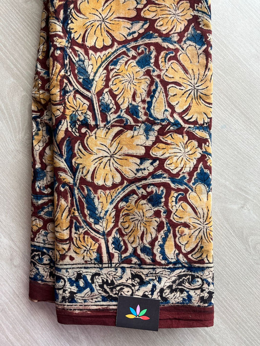 Floral Handblock Printed Kalamkari Mul Cotton Saree - 31915_31916