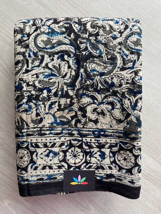 Paisley Handblock Printed Kalamkari Mul Cotton Saree - 31917_31918