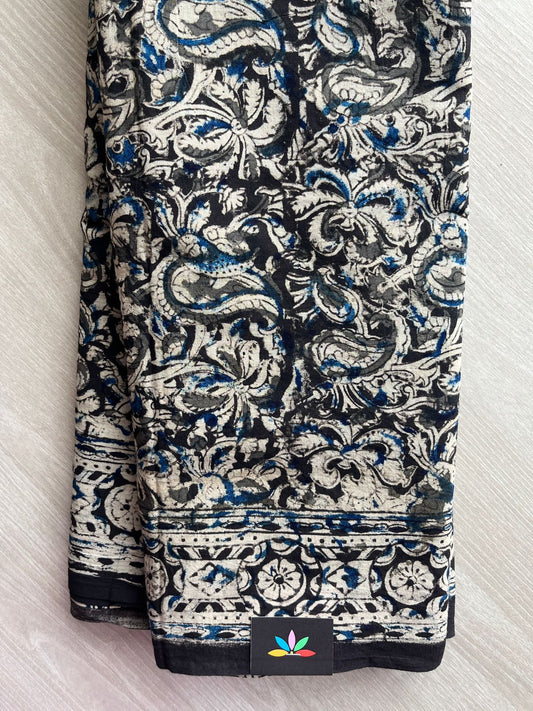Paisley Handblock Printed Kalamkari Mul Cotton Saree - 31917_31918