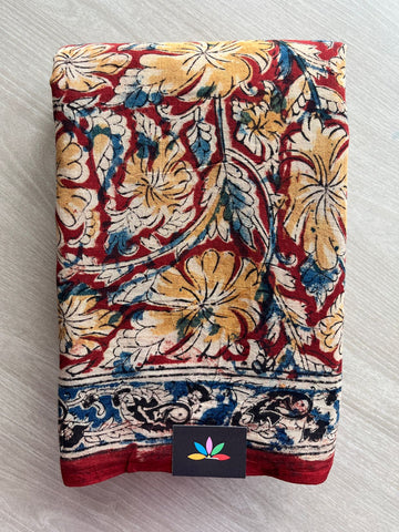 Floral Handblock Printed Kalamkari Mul Cotton Saree - 31919_31920