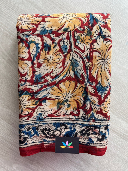 Floral Handblock Printed Kalamkari Mul Cotton Saree - 31919_31920