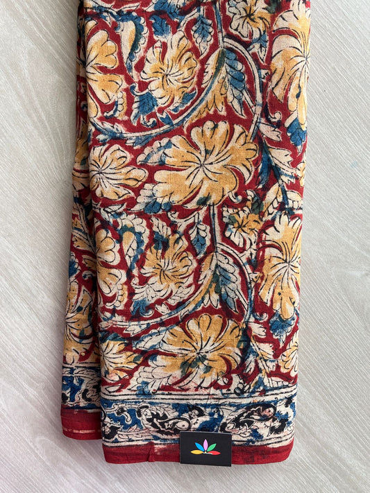 Floral Handblock Printed Kalamkari Mul Cotton Saree - 31919_31920