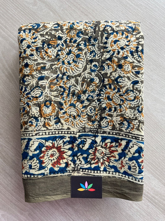 Floral Handblock Printed Kalamkari Mul Cotton Saree - 31921_31922