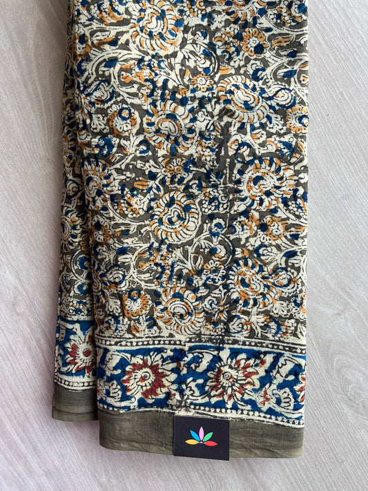 Floral Handblock Printed Kalamkari Mul Cotton Saree - 31921_31922