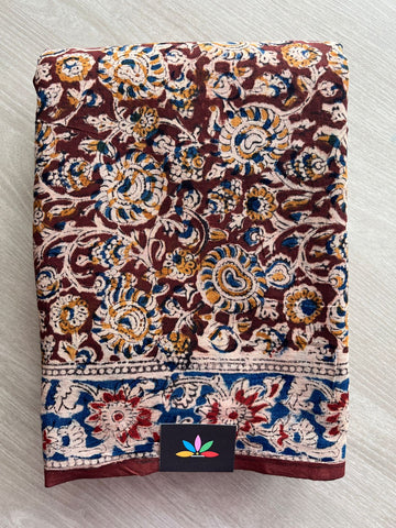 Floral Handblock Printed Kalamkari Mul Cotton Saree - 31923_31924