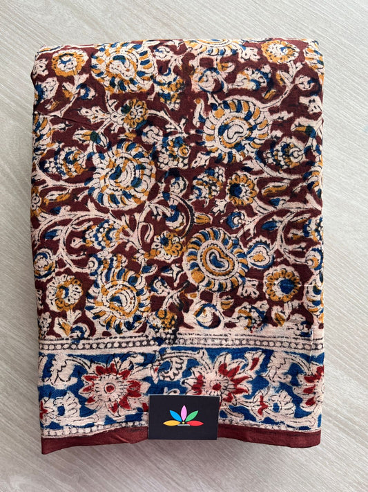 Floral Handblock Printed Kalamkari Mul Cotton Saree - 31923_31924