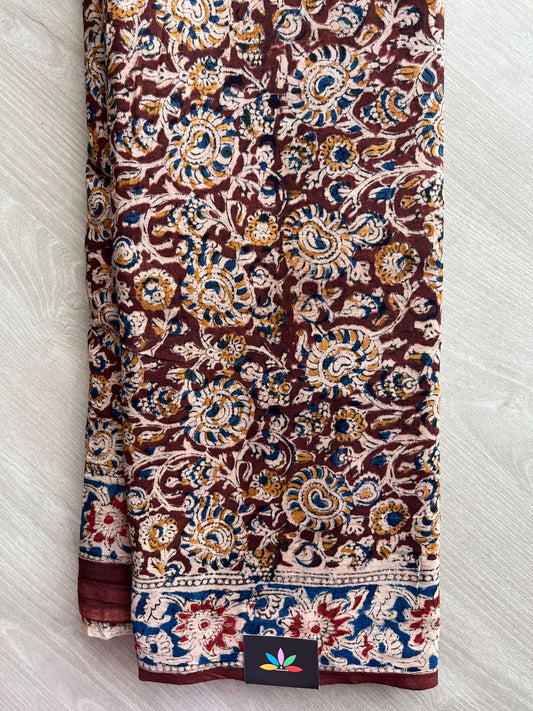 Floral Handblock Printed Kalamkari Mul Cotton Saree - 31923_31924