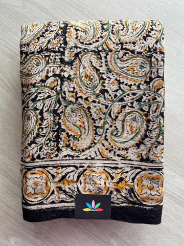 Paisley Handblock Printed Kalamkari Mul Cotton Saree - 31925_31926