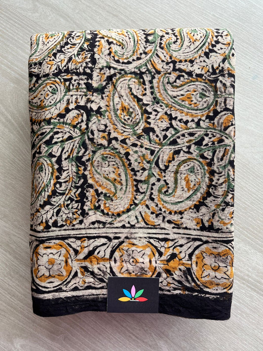 Paisley Handblock Printed Kalamkari Mul Cotton Saree - 31925_31926