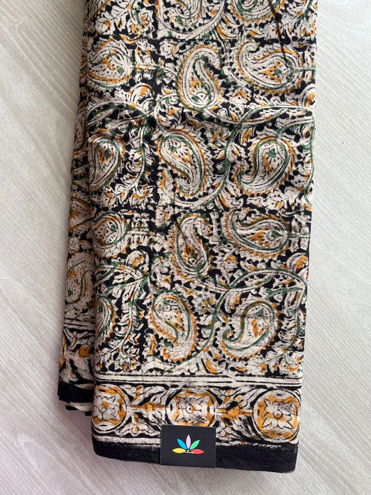 Paisley Handblock Printed Kalamkari Mul Cotton Saree - 31925_31926