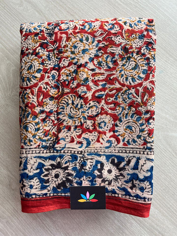 Floral Handblock Printed Kalamkari Mul Cotton Saree - 31927_31928