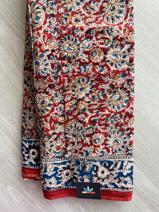 Floral Handblock Printed Kalamkari Mul Cotton Saree - 31927_31928